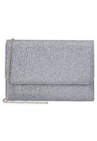 Silver glittrande clutchväska med design som kan vikas över. Utrustad med en silverkedja som axelrem. Mjuk textur med en slät inredning, minimalistisk hårdvara.