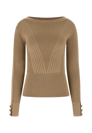 Maglione beige a coste con maniche lunghe, scollo tondo, motivo a coste a forma di V sulla parte anteriore e tre bottoni su ogni polsino.