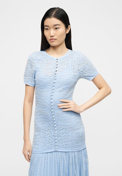 Νεαρή γυναίκα με ίσια μαύρα μαλλιά φοράει ανοιχτόμπλε δαντελένιο τοπ με κοντά μανίκια και κουμπιά με πέρλες, καθώς και διάφανο φούστα με σχέδιο.