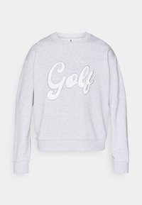 Sweatshirt cinza feito de tecido macio, com um grande bordado "Golf" em branco. Gola redonda e punhos canelados, com um corte descontraído.