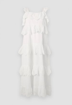 Biała bawełniana sukienka z warstwowymi falbanami, koronkowymi detalami na brzegach i regulowanymi ramiączkami. Długa i zwiewna konstrukcja.