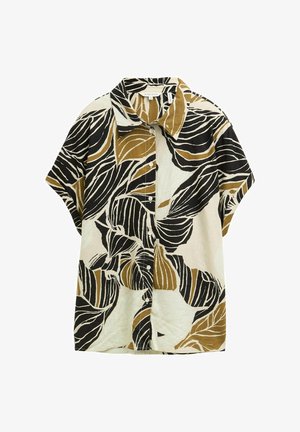 Rövidujjú ing, galléros nyakkal, krémszínű háttérrel és nagy fekete és olívazöld levélmintákkal, texturált anyagból készült.