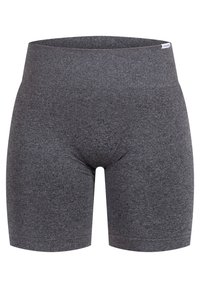 Shorts extensibles taille haute gris foncé sans coutures, en tissu maille doux, avec une petite étiquette blanche de la marque sur la ceinture.
