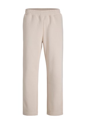 Beige elastic waist straight-leg pants with minimal seam detailing, made from soft, smooth fabric.