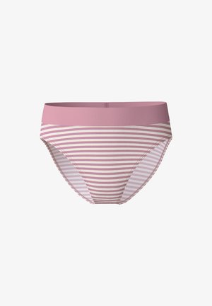 Striped underwear featuring a soft pink waistband and alternating light pink and cream stripes on the body, made from stretchy fabric.