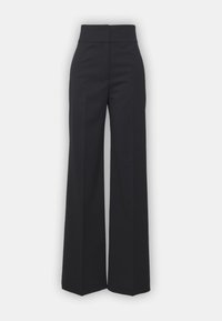 Pantaloni a gamba larga in tessuto nero con vita alta, caratterizzati da una finitura pulita e una texture liscia. Nessun hardware visibile o motivi.