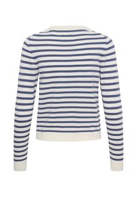 Pull en maille à manches longues avec rayures horizontales bleu marine et blanches, poignets et ourlet côtelés, vu de dos sur fond blanc.