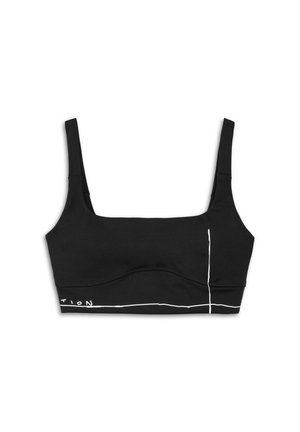 Schwarzer Sport-BH mit breiten Trägern, strukturiertem Material und weißen Linienmustern. Mit rundem Ausschnitt und figurbetontem Schnitt.