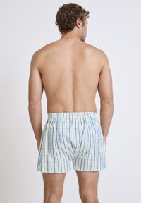 Boxer in cotone a quadri con strisce blu, gialle e verdi; vita elasticizzata; vestibilità rilassata; lunghezza a metà coscia; senza ulteriori motivi o accenti.