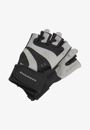 Sorte og grå træningshandsker med polstret håndflade for greb, fingerløst design og en velcro-strap med ordet "UDVILKENDE".