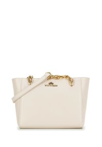 Borsa a tracolla sintetica bianca con superficie testurizzata, dettagli in catena dorata, una sola tracolla e logo stampato sulla parte anteriore.