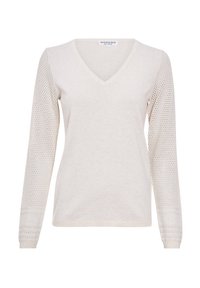 Pull à col en V de couleur crème avec un devant uni et des manches longues texturées présentant un motif perforé et des poignets côtelés.
