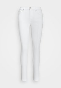 White skinny jeans made of cotton blend fabric, featuring a classic five-pocket design, metal button closure, and belt loops.