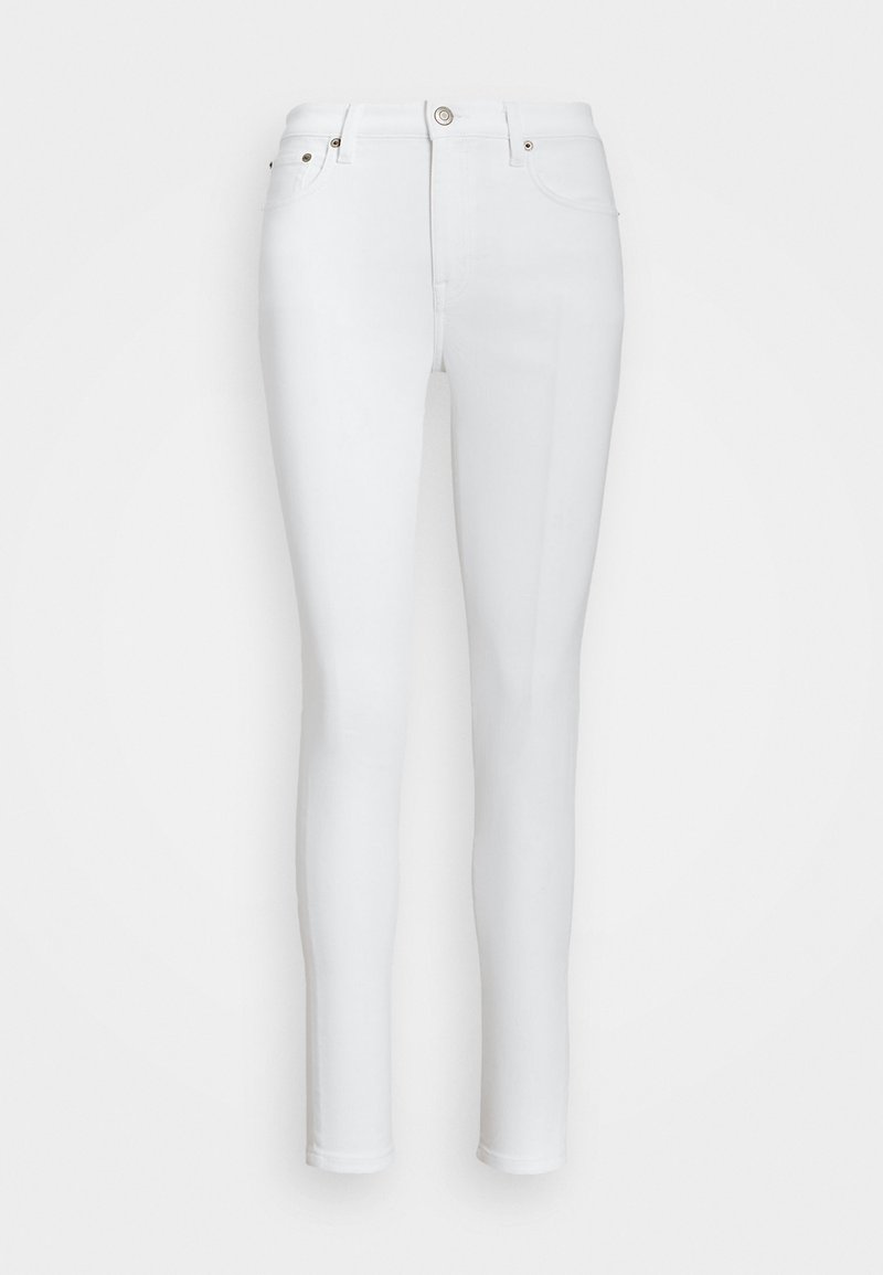 White skinny jeans made of cotton blend fabric, featuring a classic five-pocket design, metal button closure, and belt loops.