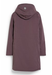 Fioletowa kurtka z kapturem o gładkim, matowym wykończeniu. Posiada okrągłe logo na plecach, długie rękawy i średniej długości krój.