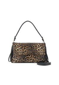 Borsa a tracolla con stampa leopardata, dettagli in pelle nera, chiusura con zip e tracolla regolabile. Presenta un flap pieghevole e un dettaglio del logo.
