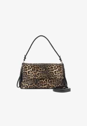 Sac bandoulière en imprimé léopard avec des accents en cuir noir, fermeture éclair et bandoulière réglable. Comprend un rabat pliant et un détail de logo.