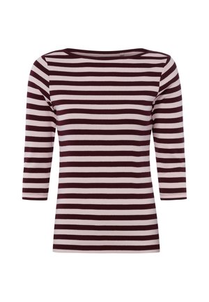 Long-sleeve shirt with dark red and light pink horizontal stripes and a wide round neckline, shown on a white background.