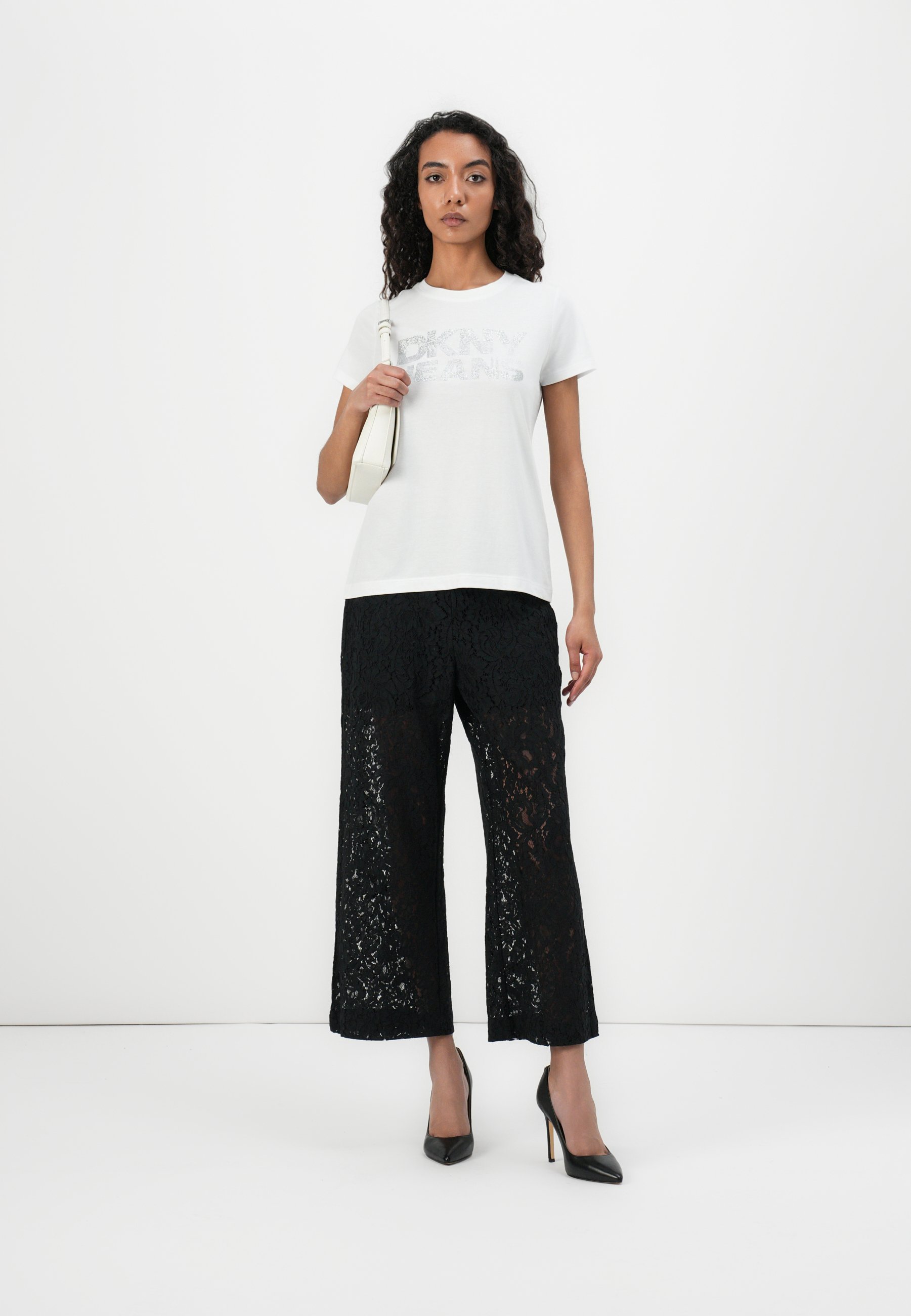 DKNY GLITTER RHINESTONE LOGO TEE - Print T-shirt - white