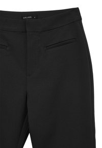 Pantaloni neri in tessuto liscio con frontale piatto, due tasche anteriori e dettagli di cucitura sottili. Etichetta: CALLIOPE, taglia S.
