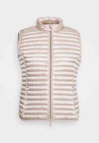 Jasnobeżowa bezrękawnik puchowy z wysokim kołnierzem, poziomym pikowaniem i zapięciem na zamek z przodu. Gładkie, satynowe wykończenie.
