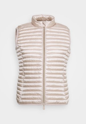 Hellbeige ärmellose Stepp-Weste mit hohem Kragen, horizontal gestepptem Design und einem Frontreißverschluss. Glatte, satinähnliche Oberfläche.