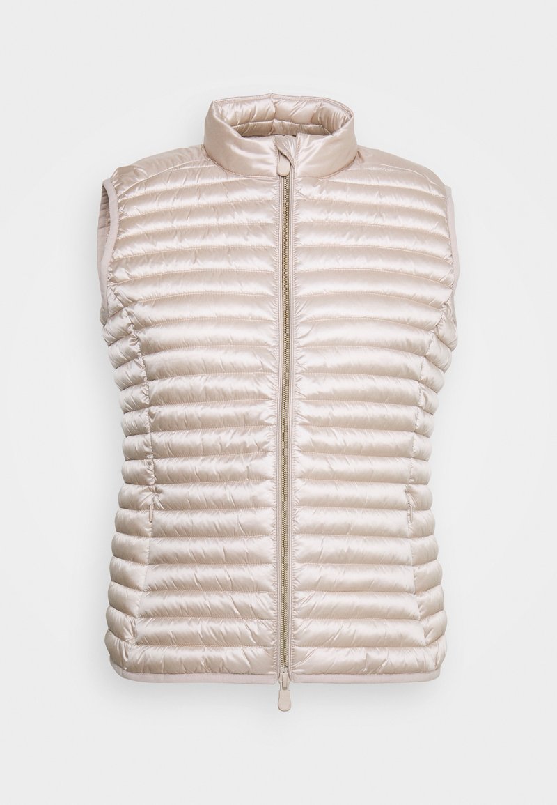 Jasnobeżowa bezrękawnik puchowy z wysokim kołnierzem, poziomym pikowaniem i zapięciem na zamek z przodu. Gładkie, satynowe wykończenie.