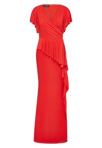 Robe enveloppante rouge jusqu'aux genoux avec des manches flottantes, des accents plissés d'un côté et une texture lisse. Fermeture éclair au dos.