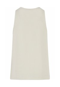 Lys grå ermeles topp laget av mesh-stoff. Avslappet passform med en glatt rygghals og ingen pynt eller synlig utstyr.