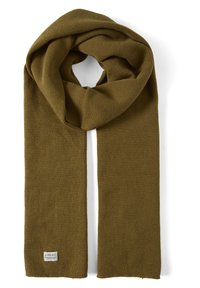 Olive green knitted scarf, soft texture, rectangular shape, fringeless edges, featuring a small brand label at one end.