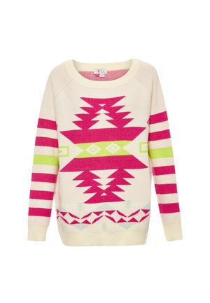 Pulover cu model în crem, având designuri geometrice roz și lime, inclusiv zigzaguri și dungi. Textură moale, guler rotund și mâneci lungi.