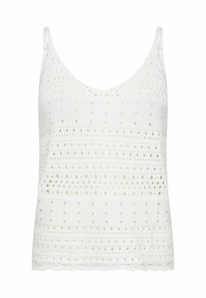 Vit linne med en texturerad stickning med varierande mönster och öppna hål. Tunn axelremmar och en scalloped nederkant fulländar designen.