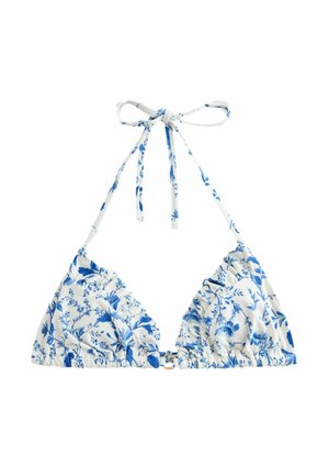 White bikini top with blue floral pattern, triangle cups, and halter neck tie closure.