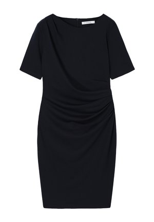 Sort knælængde kjole med korte ærmer, rund halsudskæring, sidesamlinger og lynlås lukning bagpå.