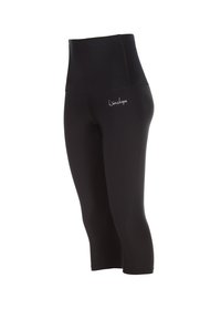 Svarta högmidjade capri leggings tillverkade av elastiskt material, med en jämn textur och en liten vit logotyp på sidan.