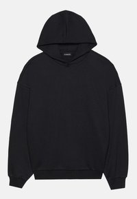 Svart huvtröja med lös passform, långa ärmar, ribbade muddar och nederkant, tillverkad av ett mjukt, textuerat tyg. Minimalistisk design.