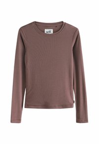 Langarmshirt in gedämpftem Mauve, aus geripptem Stoff. Hat einen runden Ausschnitt und ein kleines Etikett an der Seitennaht.
