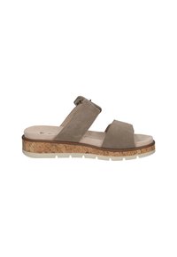 Sandali slide in suede grigi con due ampie cinghie. Suola intermedia in sughero con superficie testurizzata e suola esterna in gomma bianca. Design con punta aperta.