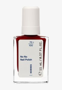 Smalto rosso in una bottiglia di vetro trasparente con un tappo bianco. L'etichetta include il nome del prodotto "No No Nail Polish" e un volume di 11 mL.