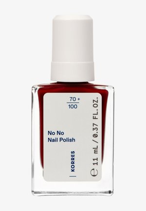 Rode nagellak in een doorzichtige glazen fles met een witte dop. Het etiket bevat de productnaam "No No Nagellak" en een inhoud van 11 mL.