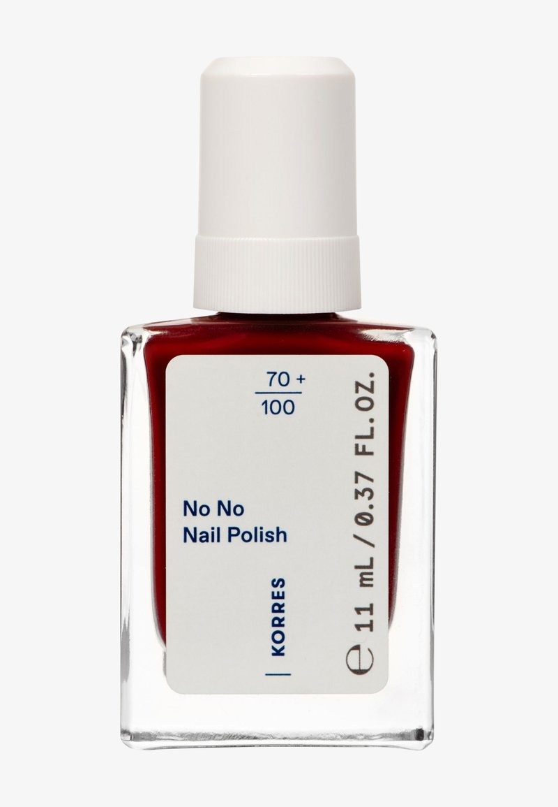 Esmalte de uñas rojo en un frasco de vidrio transparente con una tapa blanca. La etiqueta incluye el nombre del producto "No No Nail Polish" y un volumen de 11 mL.