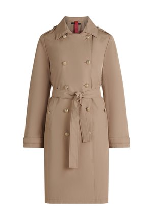 Trench-coat beige croisé avec boutons dorés, ceinture à nouer à la taille, épaulettes et manches longues.