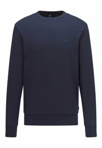 Mörkblå sweatshirt i mjukt tyg, med rundad halsringning och långa ärmar. Diskret logotyp på framsidan, med ribbade muddar och nederkant.