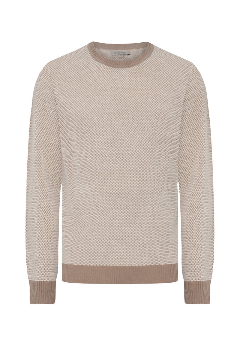 Suéter de punto en color beige claro con un patrón texturizado de panal, con puños y dobladillo acanalados en un tono de beige más oscuro.