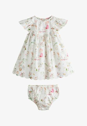 Rochiță albă pentru bebeluși, cu tiv ondulat și scutec asortat, imprimată cu animale jucăușe, flori și copii în culori pastelate.