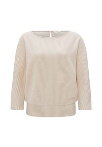 Maglione beige a righe con scollo rotondo, maniche a tre quarti e una texture a coste. Presenta un'apertura discreta sul retro e un orlo solido.