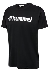 Camiseta negra de algodón con mangas cortas, con el logo blanco "hummel" en el pecho. Diseño clásico de cuello redondo. Textura suave.