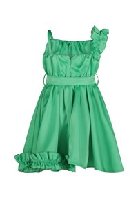 Zielona sukienka bez rękawów z falbaną na pojedynczym pasku na ramię, dopasowaną talią i falbanami na dole.