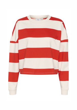 Rot-weiß gestreifter, verkürzter Pullover mit langen Ärmeln, rundem Ausschnitt und einem kleinen Logodetail. Aus weichem Baumwollstoff gefertigt.