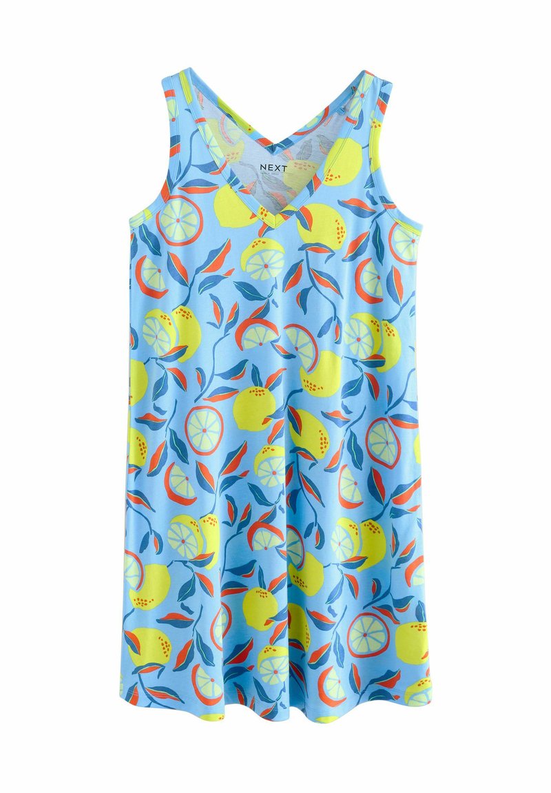 Robe sans manches bleu clair avec un décolleté en V, ornée d'un motif coloré de fruits, incluant des citrons et des oranges, accompagnés de feuilles vertes.